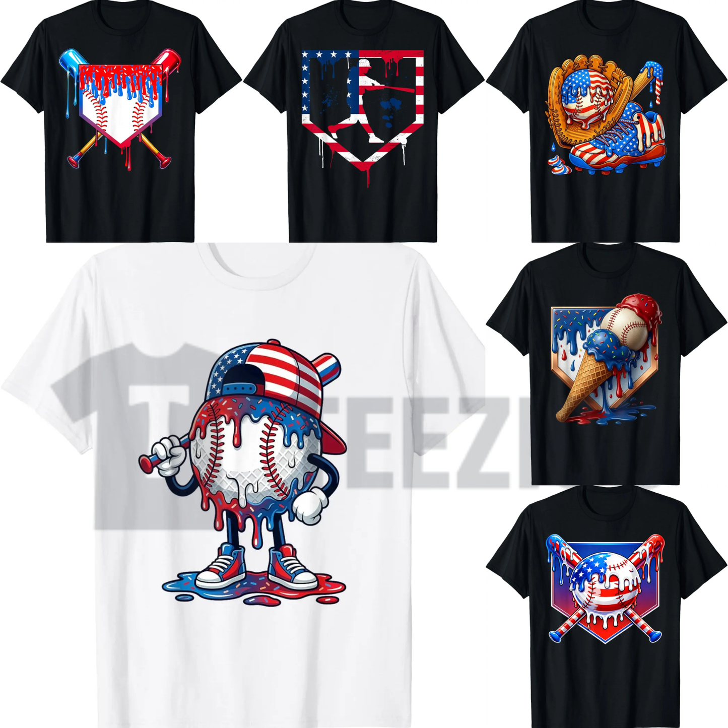 Baseball Drip Patriotic Ice Cream US Flag Youth Boys Summer Graphic T-Shirt