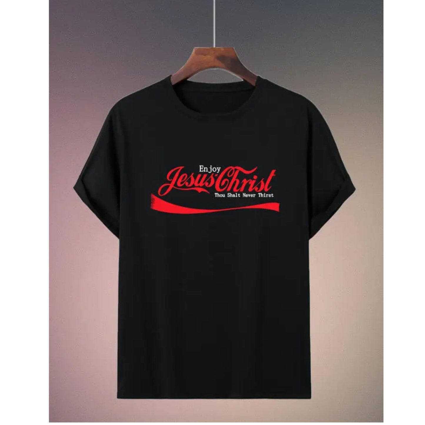 "Enjoy Jesus" Vintage Soda Script T-Shirt – Classic Retro Pop Faith Graphic, Remastered Heavy Cotton Spiritual Top, Made in USA