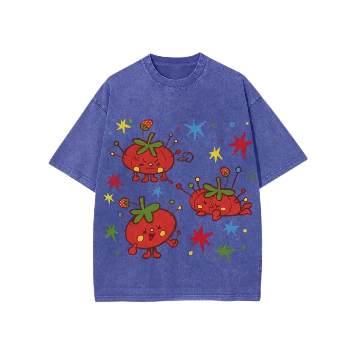 Cute Tomato Party Print T-Shirt – Retro Garden Vegetable Graphic Tee, Lightweight Vintage Washed Cotton Summer Top