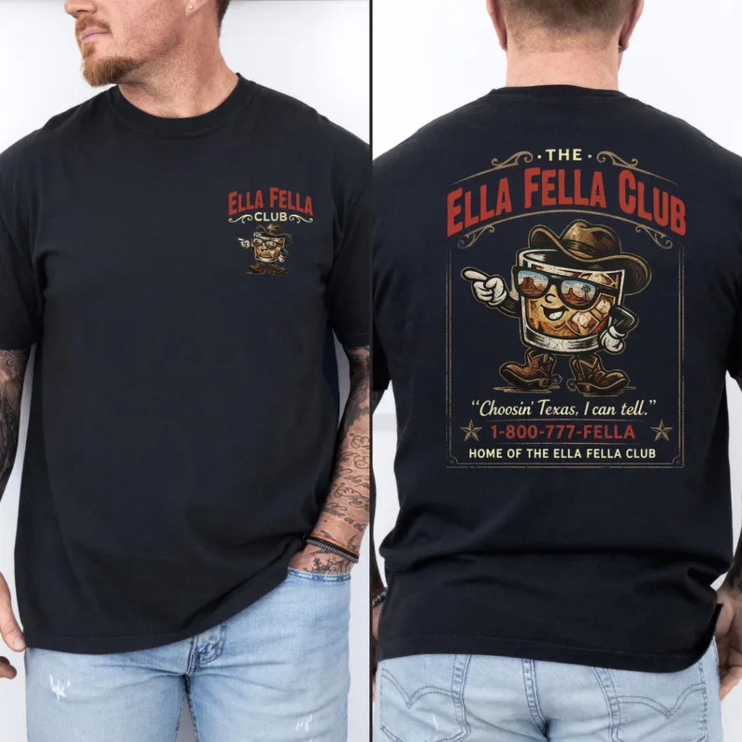 Retro Country Cowboy Graphic T-Shirt – Western Concert Vibe Tee, Ella Fella Club Whiskey Premium Apparel