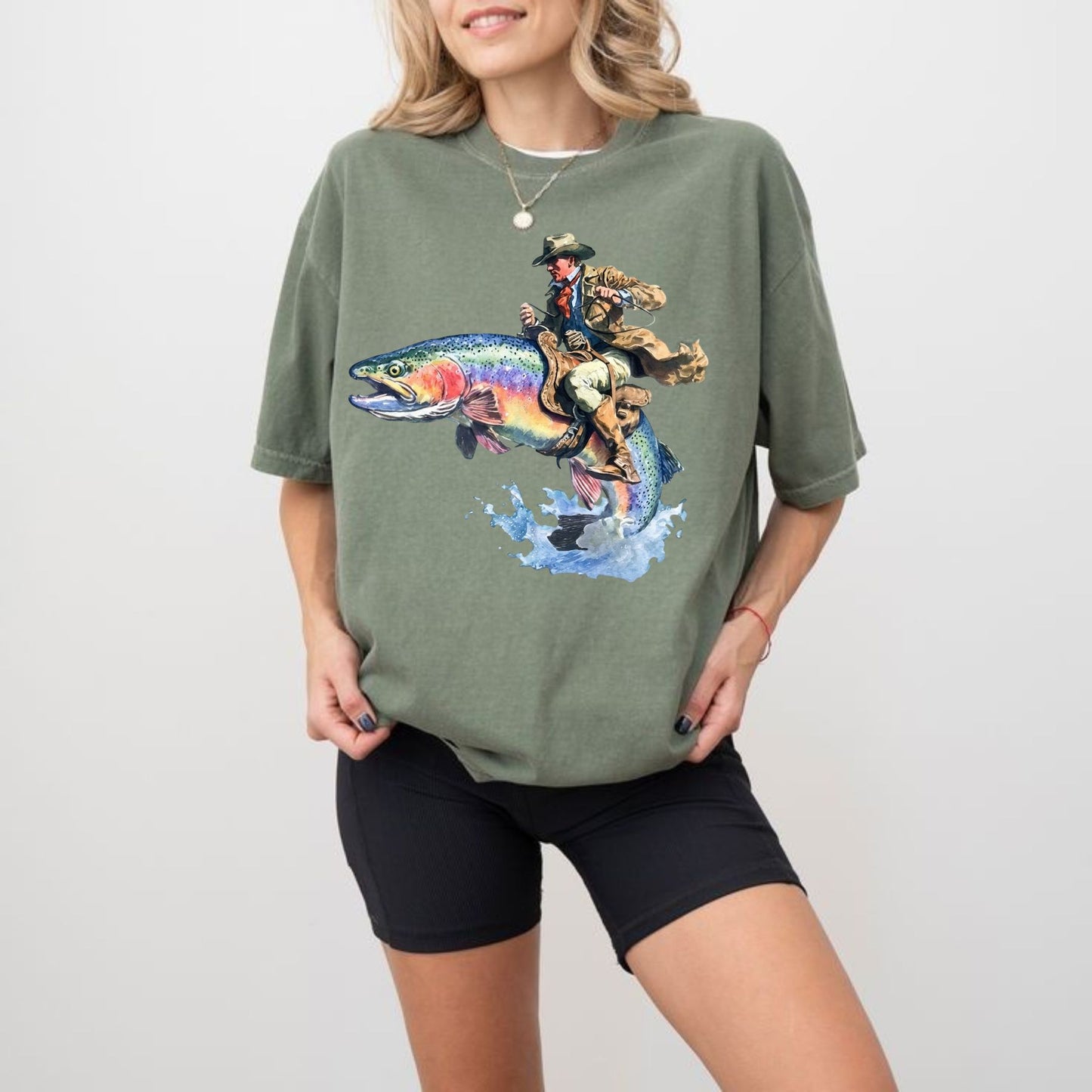 Comfort Colors® "Giddy Up, Rainbow!" Trout Rodeo T-Shirt – Funny Western Fishing Graphic Tee, Rainbow Trout Cowboy Hat Shirt, Retro Angler Gift