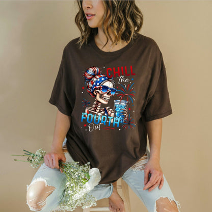 "Chill The Fourth Out" Skeleton T-Shirt – Funny 4th of July Patriotic Graphic Tee, Unisex Cotton Shirt