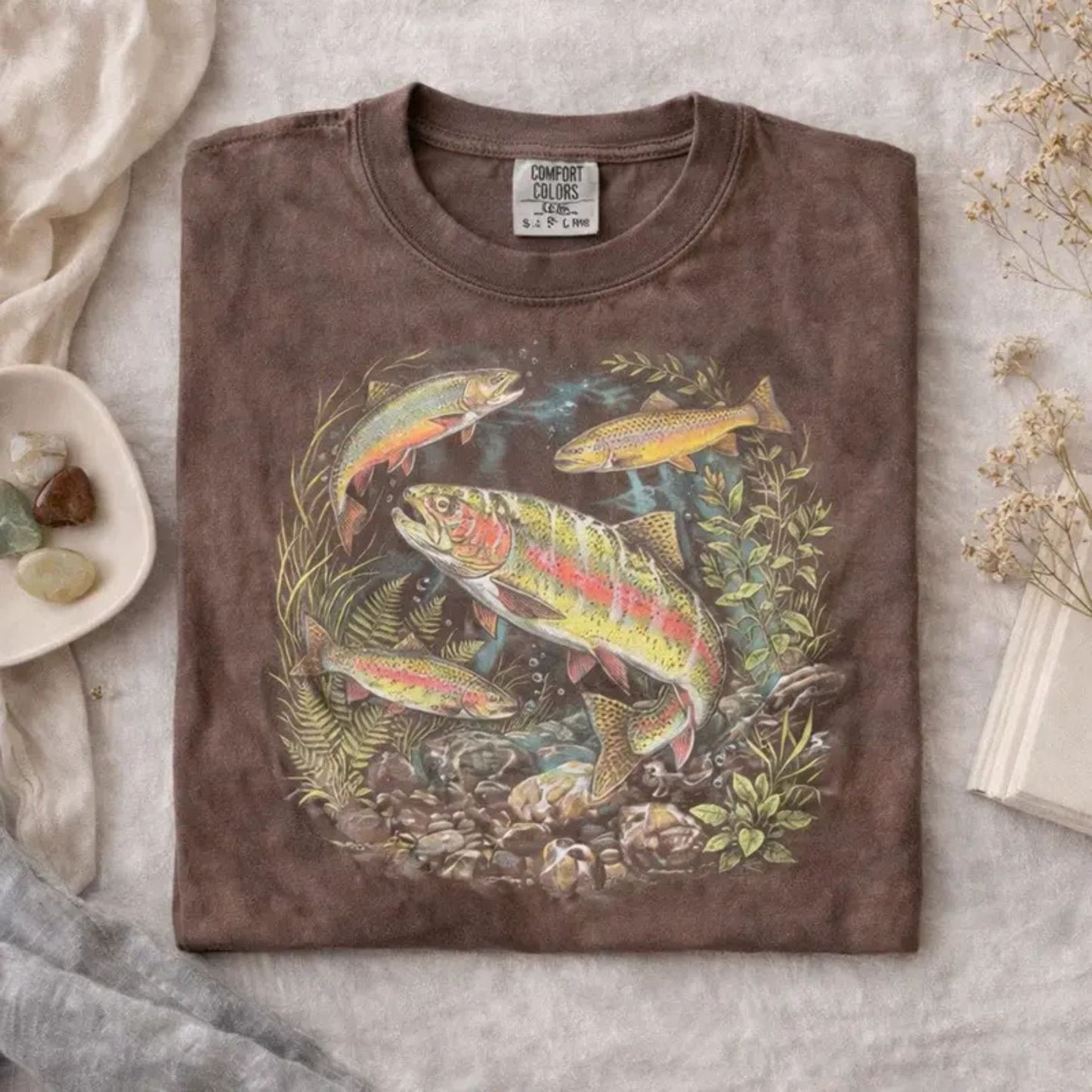 Comfort Colors Vintage Trout Fishing T-Shirt – Retro River Fish Graphic Tee, Aesthetic Angler Nature Shirt, Outdoorsman Gift