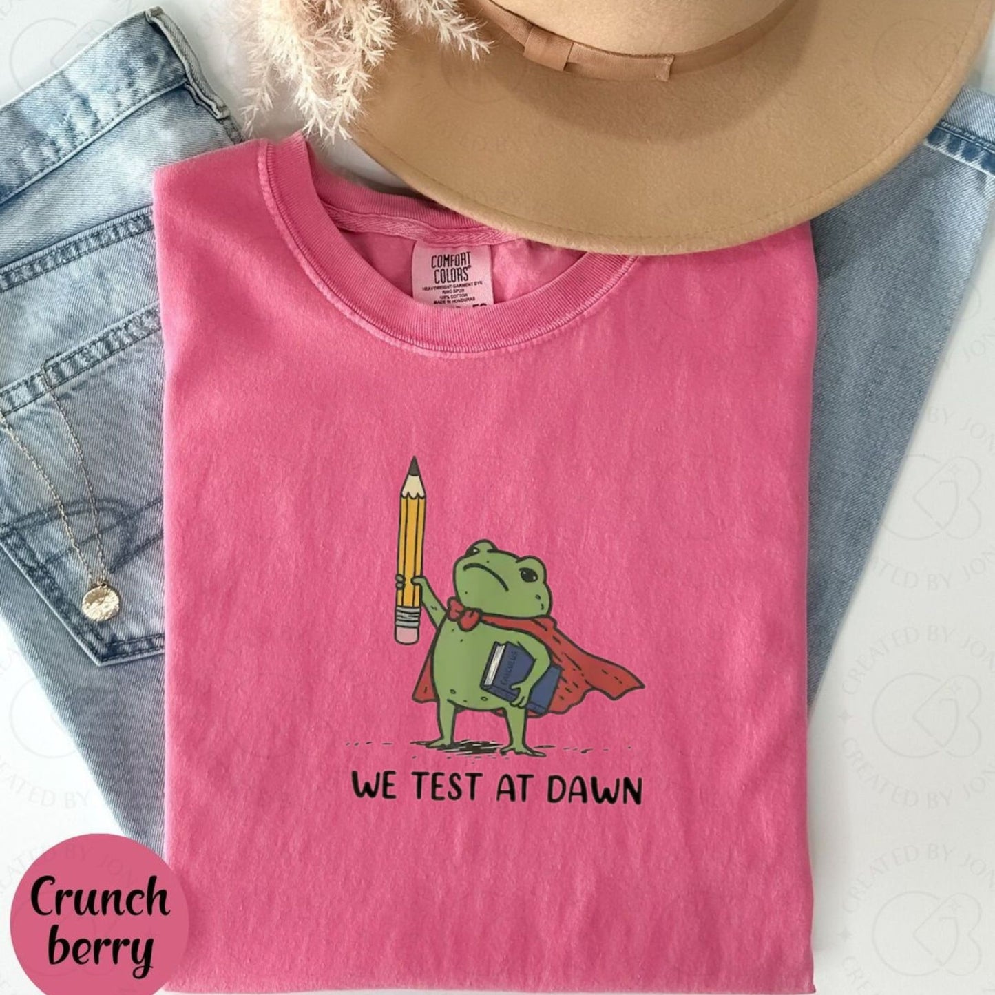 Funny Teacher Frog T-Shirt – “We Test At Dawn” Exam Humor Tee, Classroom Joke Shirt