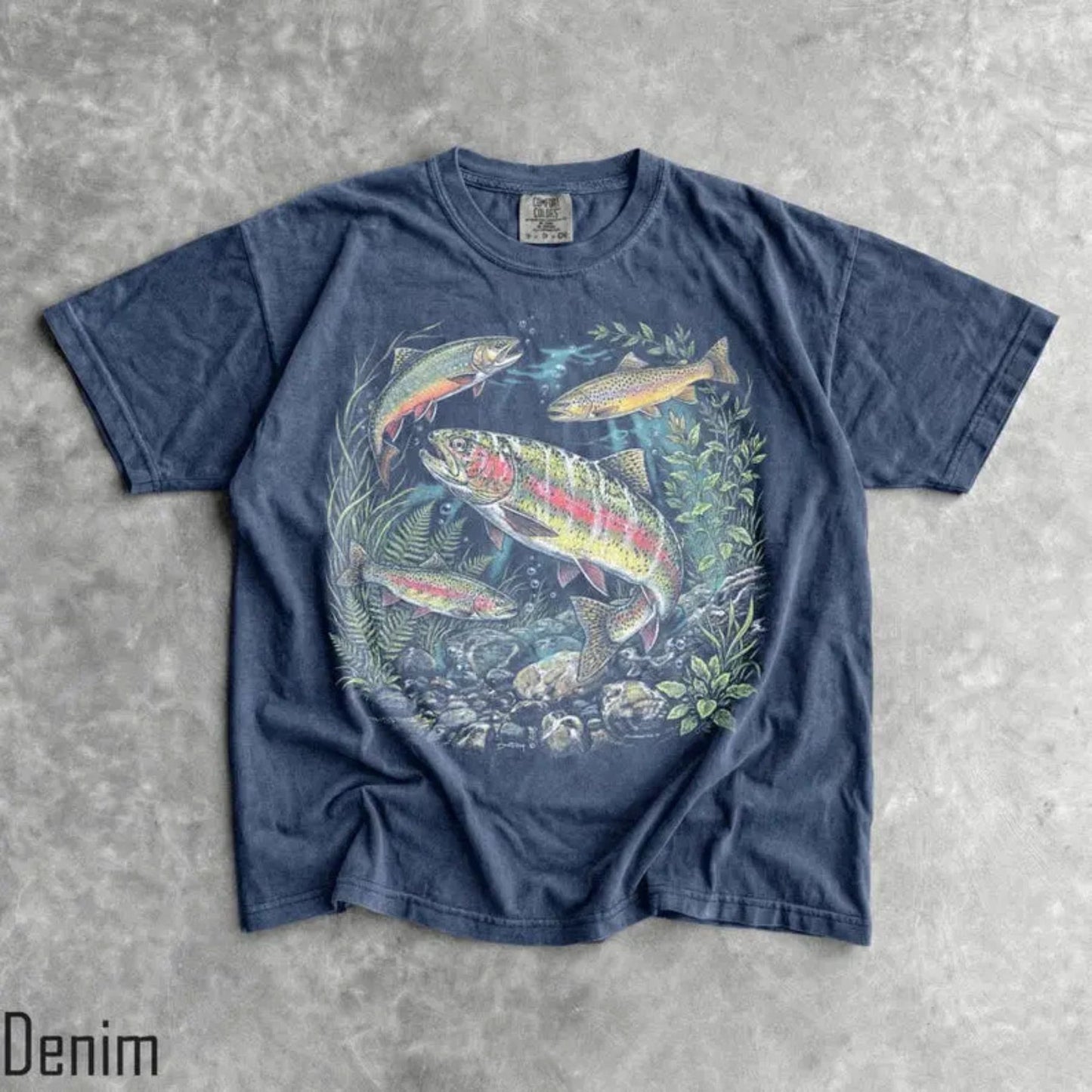 Comfort Colors Vintage Trout Fishing T-Shirt – Retro River Fish Graphic Tee, Aesthetic Angler Nature Shirt, Outdoorsman Gift
