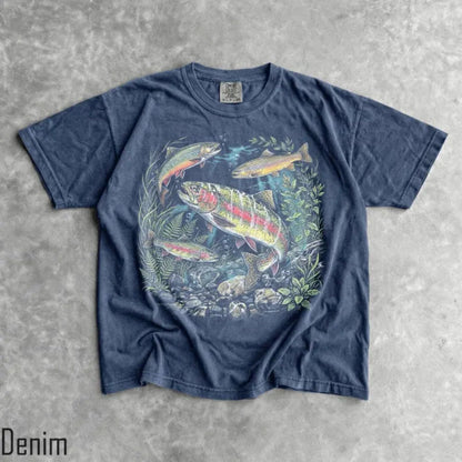 Comfort Colors Vintage Trout Fishing T-Shirt – Retro River Fish Graphic Tee, Aesthetic Angler Nature Shirt, Outdoorsman Gift