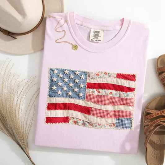 Faux Patchwork USA Flag T-Shirt – Retro Patriotic Graphic Tee