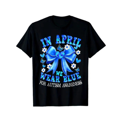 Sweet Coquette Bow Autism Awareness Tee – "In April We Wear Blue" Aesthetic Shirt