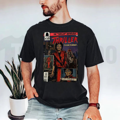 Vintage MJ Comic Graphic T-Shirt – Retro King of Pop Thriller Art Tee, 80s Pop Culture Music Fan Merchandise