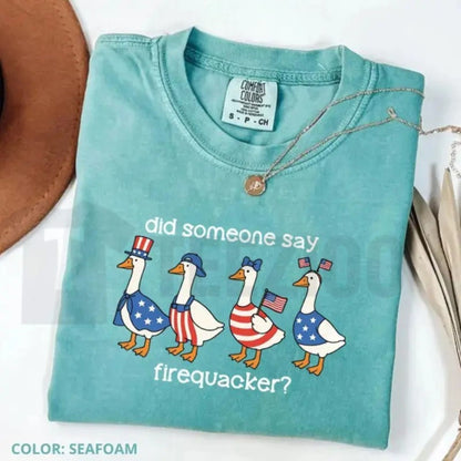 Funny Patriotic Goose T-Shirt – Firequacker 4th of July Tee, American Flag Humor Shirt