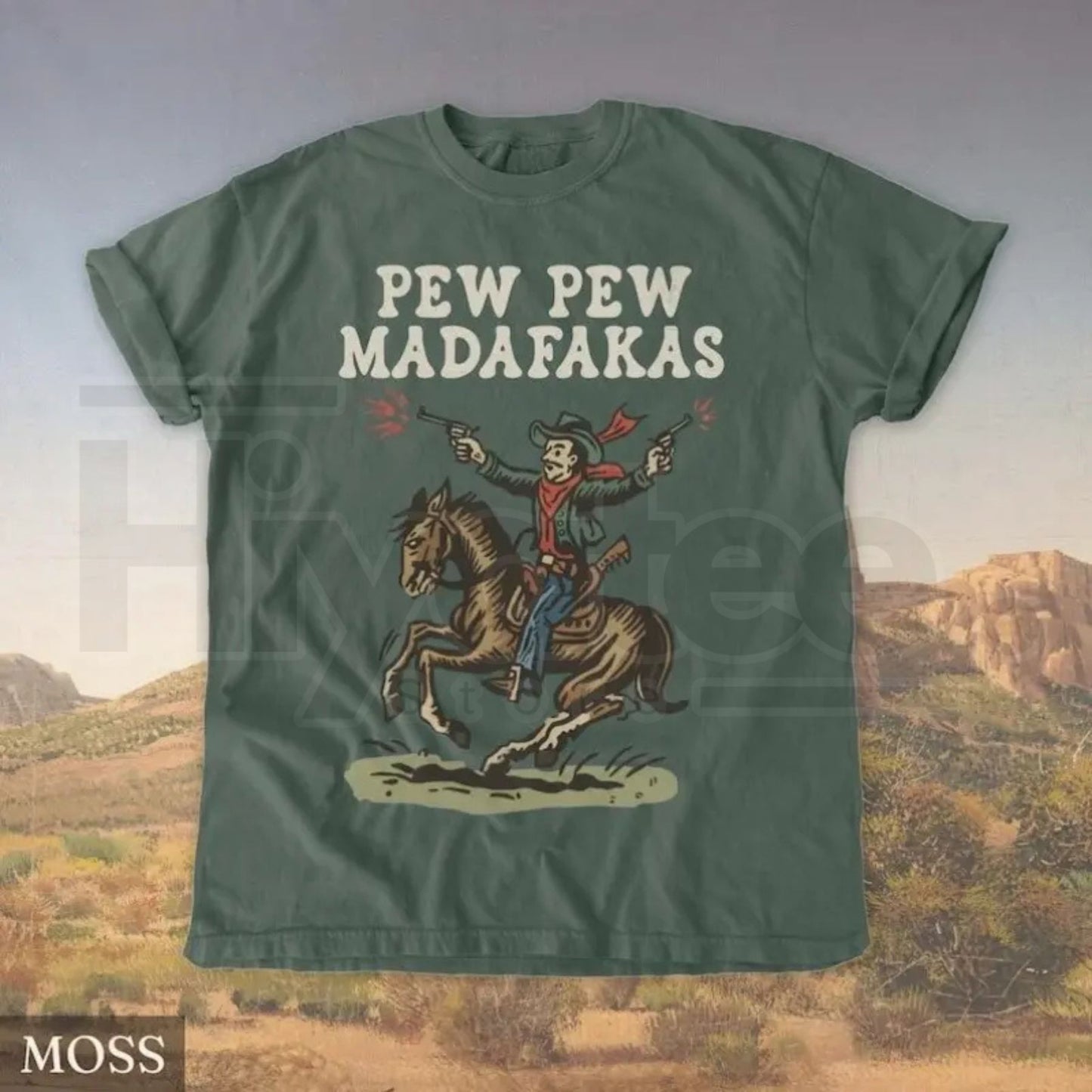 Retro Cowboy Graphic T-Shirt – Funny Western “Pew Pew” Tee, Vintage Rodeo Aesthetic Shirt