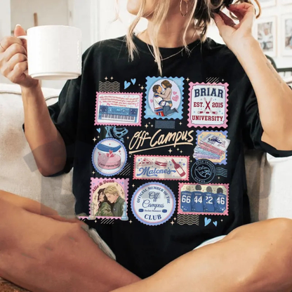 Briar U Hockey Stamps T-Shirt – Retro Off-Campus Romance Graphic Tee