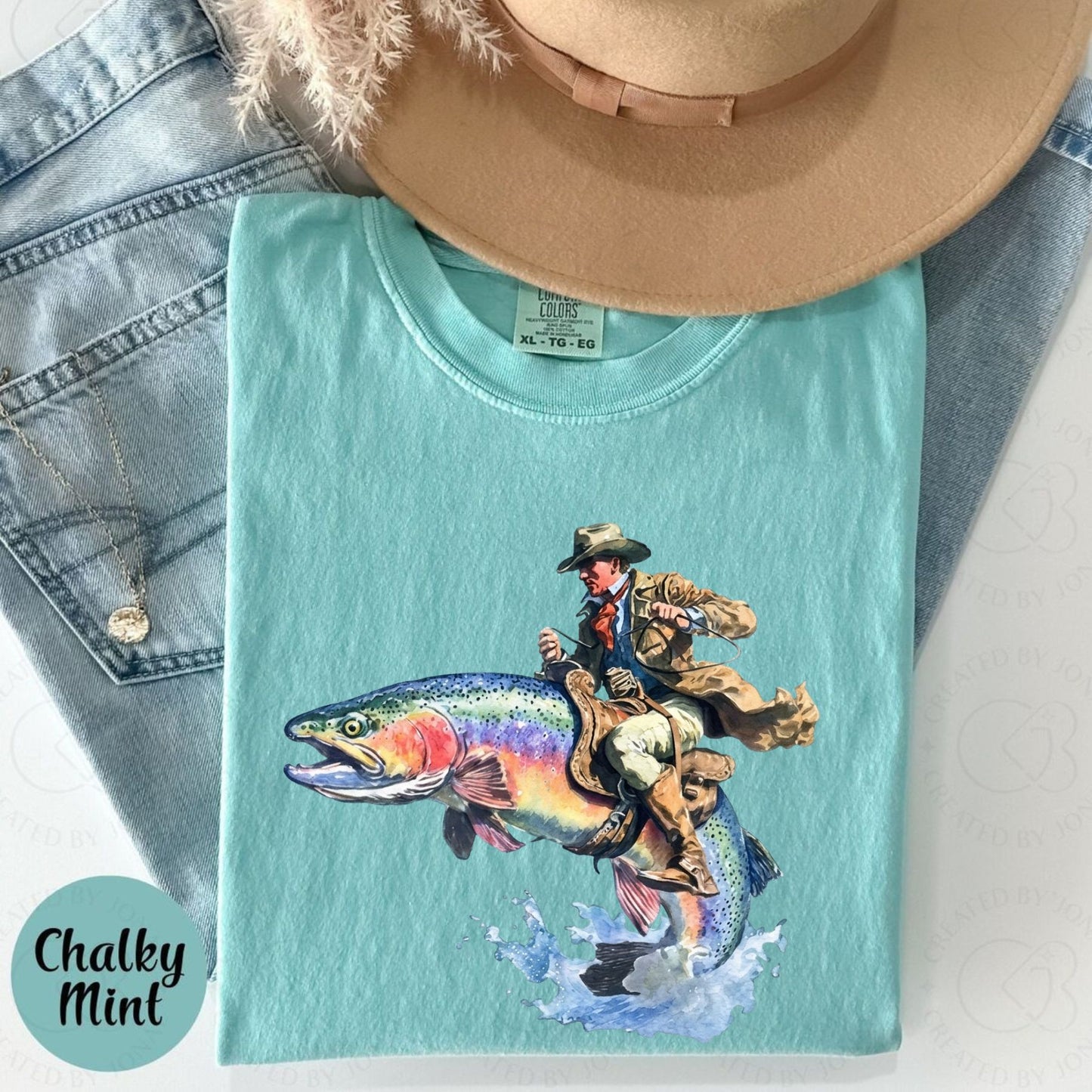 Comfort Colors® "Giddy Up, Rainbow!" Trout Rodeo T-Shirt – Funny Western Fishing Graphic Tee, Rainbow Trout Cowboy Hat Shirt, Retro Angler Gift