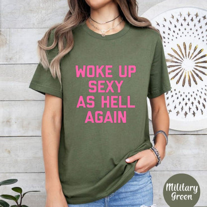 "Woke Up As Hell" Funny Sarcastic Morning Mood T-Shirt – Urban Streetwear Aesthetic Graphic Top for Coffee Lovers & Late Sleepers