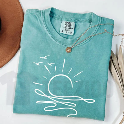 Sun Ocean Boho Comfort Colors Shirt – Minimalist Linear Summer Beach Tee