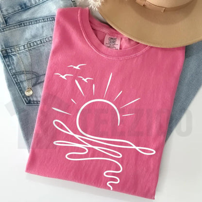 Sun Ocean Boho Comfort Colors Shirt – Minimalist Linear Summer Beach Tee