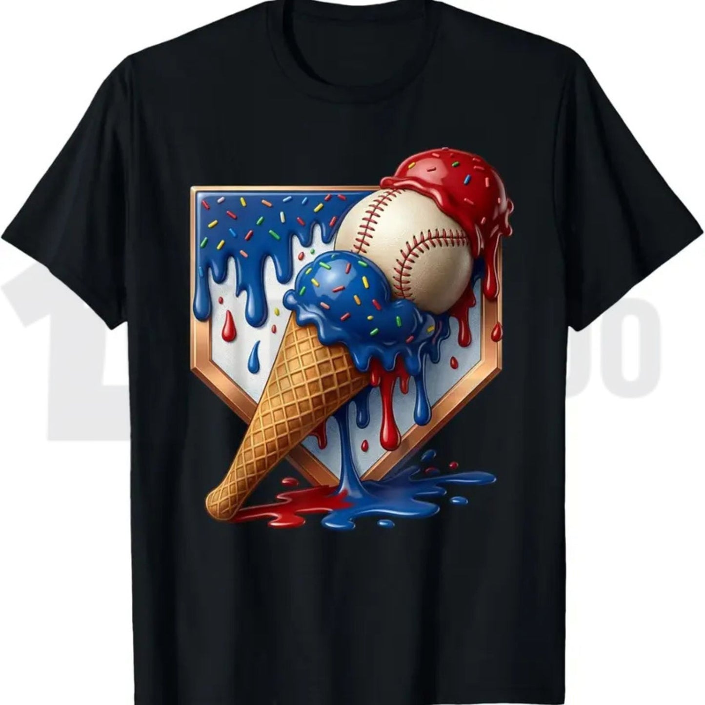 Baseball Drip Patriotic Ice Cream US Flag Youth Boys Summer Graphic T-Shirt