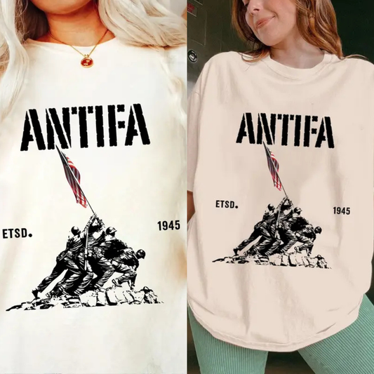  "Antifa Est. 1945" Bold Graphic Tee – Patriotic Fight Fascism Shirt - Teezioo