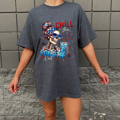 "Chill The Fourth Out" Skeleton T-Shirt – Funny 4th of July Patriotic Graphic Tee, Unisex Cotton Shirt - Teezioo