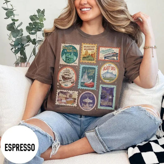 Comfort Colors® Vintage Theme Park Stamps T-Shirt – Retro Vacation Graphic Tee, Nostalgic Amusement Park Souvenir Shirt for Men & Women-Teezioo