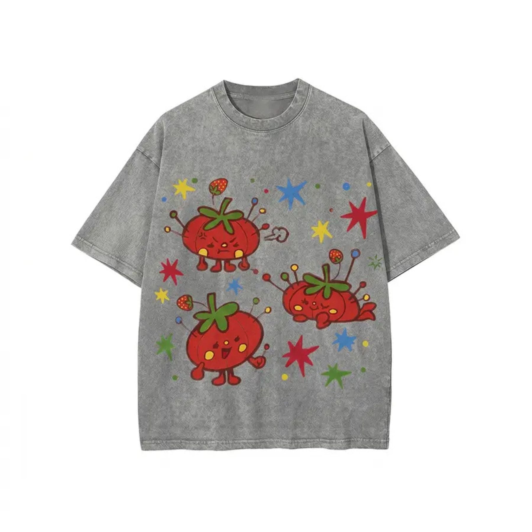 Cute Tomato Party Print T-Shirt – Retro Garden Vegetable Graphic Tee, Lightweight Vintage Washed Cotton Summer Top-Teezioo  