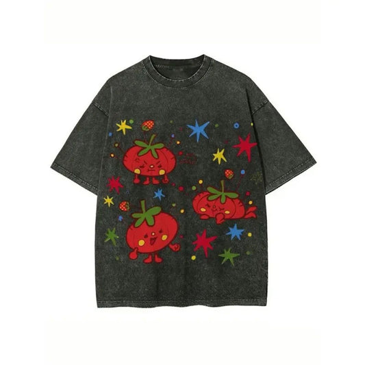 Cute Tomato Party Print T-Shirt – Retro Garden Vegetable Graphic Tee, Lightweight Vintage Washed Cotton Summer Top-Teezioo  