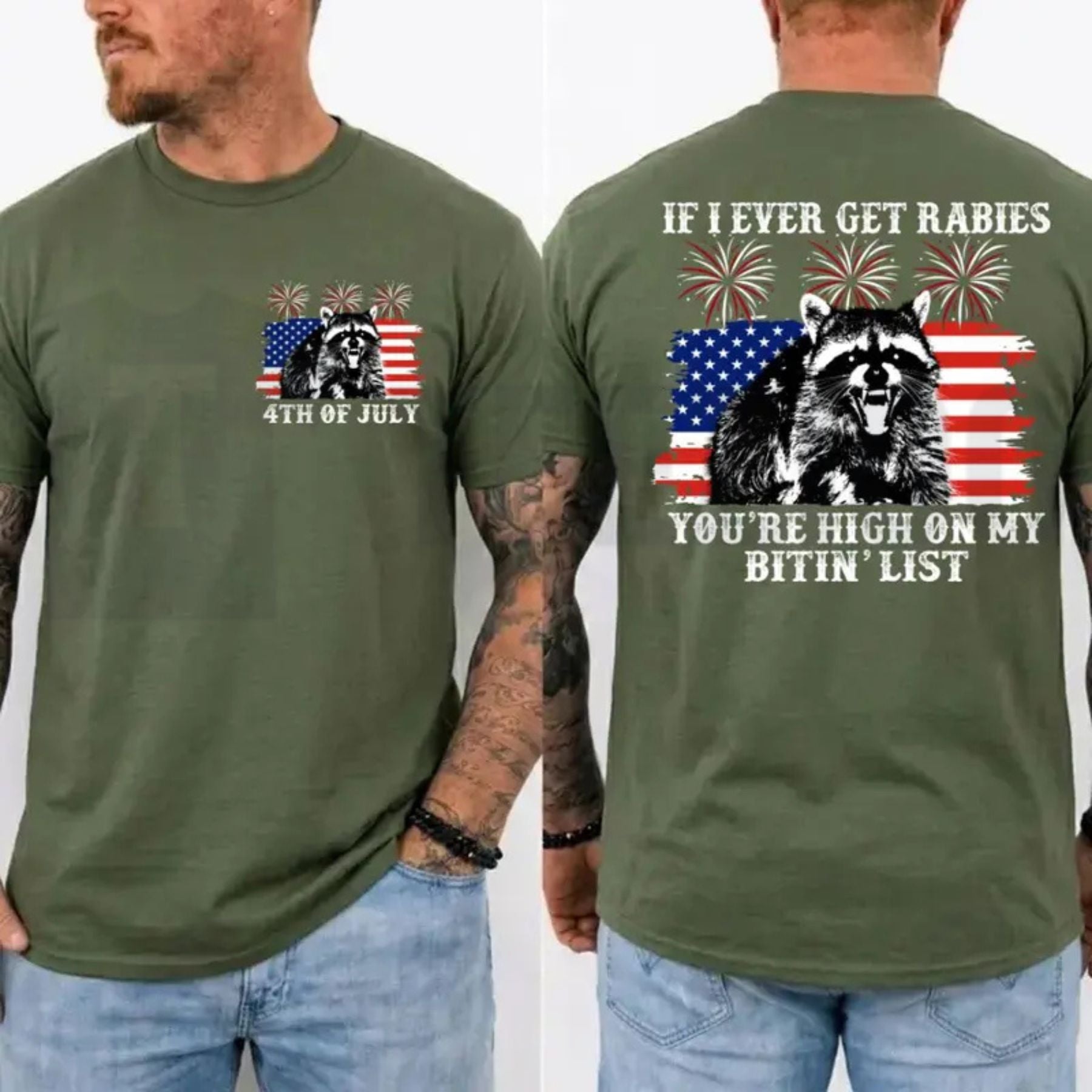 Funny If I Ever Get Rabies Raccoon Sarcastic 4th of July Patriotic T-Shirt - Teezioo
