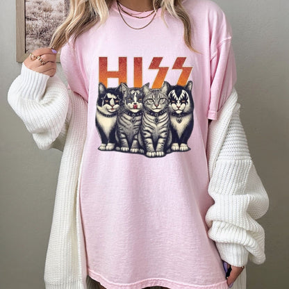 Hiss Funny Cats Rock T-Shirt – Kittens Rock Band Parody Graphic Tee, Unisex Cotton Shirt - Teezioo