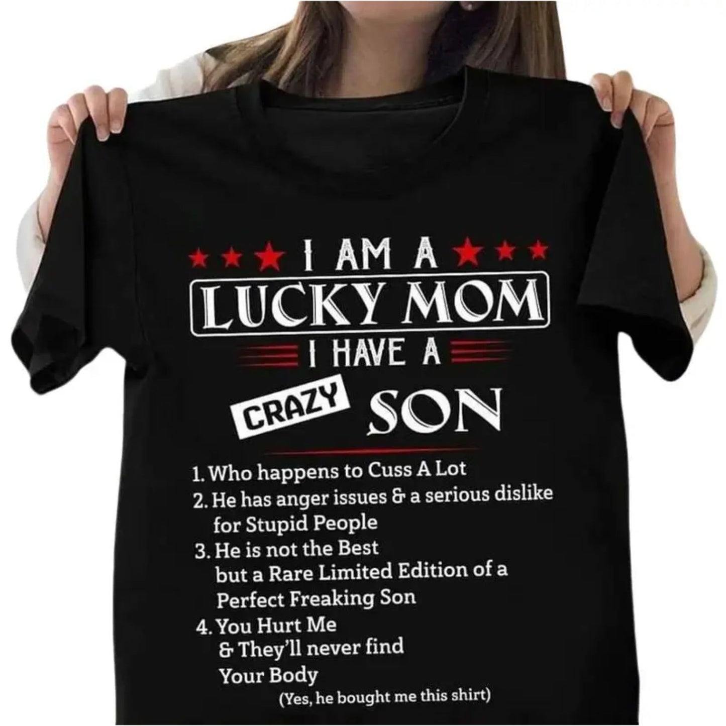 "Lucky Mom, Crazy Son" Funny Sarcastic T-Shirt – Trendy Boy Mom Graphic Top, Witty Parenting Aesthetic Streetwear - Teezioo