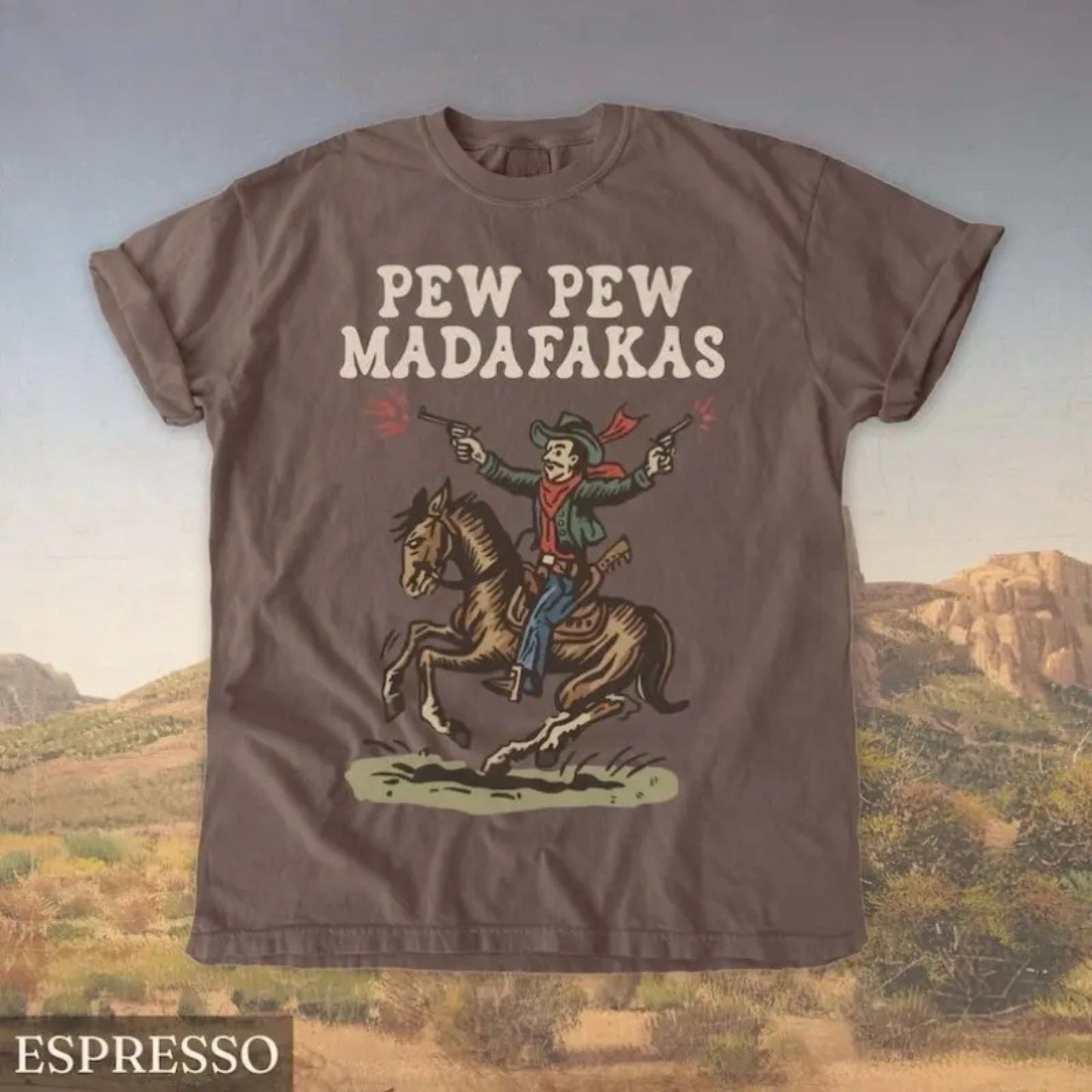 Retro Cowboy Graphic T-Shirt – Funny Western “Pew Pew” Tee, Vintage Rodeo Aesthetic Shirt - Teezioo