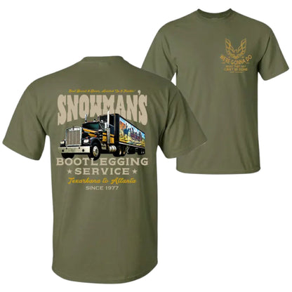 Snowman's Bootlegging Service T-Shirt – Smokey and the Bandit Truck Graphic Tee, Retro 70s Movie Icon Top, Made in USA - Teezioo