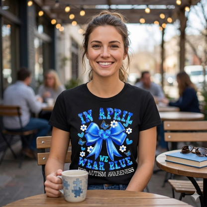 Sweet Coquette Bow Autism Awareness Tee – "In April We Wear Blue" Aesthetic Shirt - Teezioo
